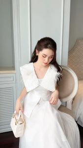 Set ÁO SƠ MI nữ GEMINI Fashion họa tiết lông vũ kết hợp chân váy voan tơ ba lớp Hottrend2024