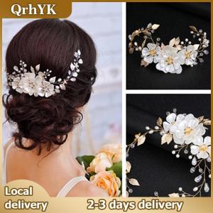 QrhYK Women bridal white flower rhinestone pearl hair clip wedding hair accessories