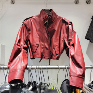 High-End European Station Retro Show White and Red Outwear Womens Short Fashionable Chic Loose Easiest for Match Autumn New Leather Coat