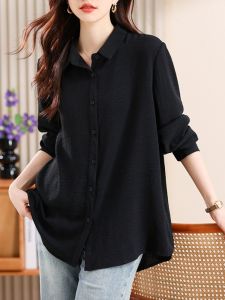 Black Casual Long Sleeve Shirt Womens Fashionable Stylish Spring Autumn New Loose Comfortable Top Korean Style Pure Color