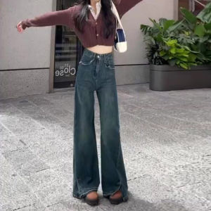 สูง เอว ขากว้าง กางเกงยีนส์ ผู้หญิง ฤดูใบไม้ผลิ ฤดูใบไม้ร่วง 2024 ใหม่ พรางหุ่น ดีไซน์ Sense ผ่าชาย ท่อตรงยาวพื้น กางเกง