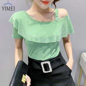 YIMEI Áo Thun Lưới Mới 2022 Áo Nữ Tay Ngắn Phong Cách Phương Tây Đính Kim Cương Nóng Động Áo Dặn ÁO TRỄ VAI Cổ Chữ V Chéo Thời Trang Hàn Quốc Cho Nữ