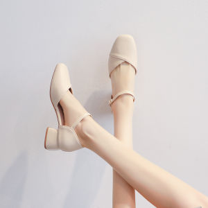 Elegant French Fairy Style Womens Sandals Gentle Matching Skirts Medium Heel Mary Jane Single Shoes Head Layer Pig Skin