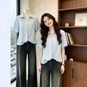 Áo Blouse Cổ V Tay Ngắn Thiết Kế Xoắn Giảm Cân
