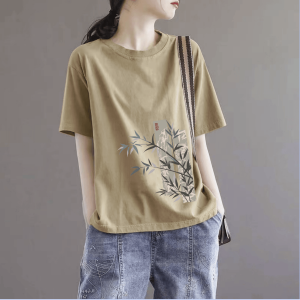 Summer New Retro Artistic Style Pure Cotton Short Sleeve T-Shirt Women Loose Fit Half Sleeve Top round Neck Plant Floral Print