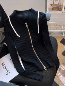 แบรนด์ต่างประเทศ ผู้หญิง แขนยาว เสื้อผ้าถัก Double ซิป Small Fragrance Style คาร์ดิเกน สลิมฟิต Heattech Fine Wool