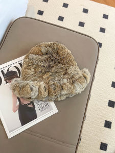 CENCY New Style Double Sided Woven Real Rabbit Fur Beret Hat with Lace Edge Small Face Effect Womens Casual Winter Cap
