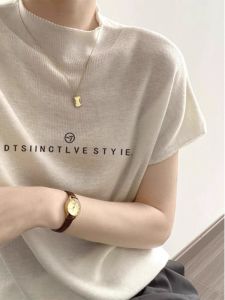 Thin Short Sleeve Knitted T-Shirt Womens Summer New Style Ice Silk Shoulder Body Fit European Goods Anti-Aging Half High Collar