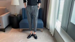 Mens Premium Trousers New Summer Fashion Trendy Business Casual Solid Color Embroidery 9-points-pants Commuter Office Work Wear