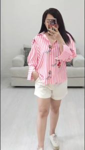 Kemeja Wanita Lengan Panjang Murah (IMPKR003 Embro Shirt Pinkred/Blue)