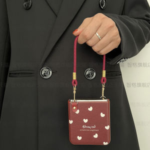 Red Wine Small Heart Patterned Hand Cord Phone Case Crossbody Foldable Screen Womens Style Protective Shell for OPPO Huawei Samsung Vivo