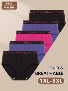 5pcs Pack Plus Size Underwear Oversized WomenS Panties Mid-Rise with Letter Waistband & Vertical Stripes Comfortable Fit -