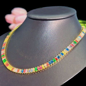 SEQUITO Precious Women Jewelry Yellow Gold Color Pave Setting Colorful Baguette Cut AAA Cubic Zirconia Choker Necklace Daily Party Clothing Accessories SN035