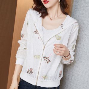 HUIESON ดีไซน์ซิปปักลายใบไม้ด้วยเสื้อโค้ตมีฮูดสำหรับผู้หญิง