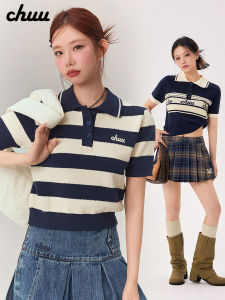 Chuu Womens Short Sleeve Knitted Sweater Letter Contrast Color Collar Short Style Autumn New Arrival Korean Style Slim Fit
