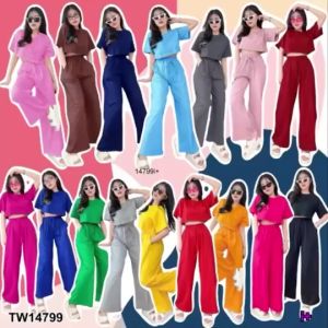 P14799 Set เสื้อครอปแขนสั้นกางเกงขายาวมีสายรูดผูกเอว
