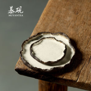 Muyan Handmade Japanese Style Ceramic Tea Cup Mat Vintage Edge Tea Snack Plate Dry Pounding Table Pad Tea Ceremony Accessory