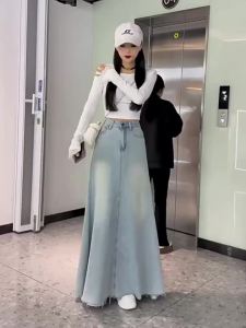 S-6XL Women Retro Fishtail Skirt High Waisted Full Length A-Line Denim Skirt