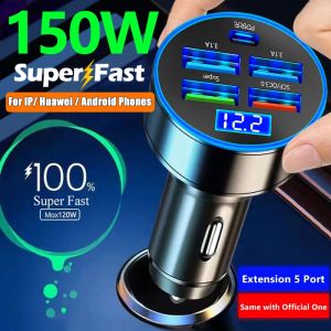 150W 3.1A Car Charger Fast Charging 3.0 Universal Dual USB Fast Charging QC Is Suitable for Xiaomi Huawei Mobile Phone 5-Port Car LED Digital Display Charger