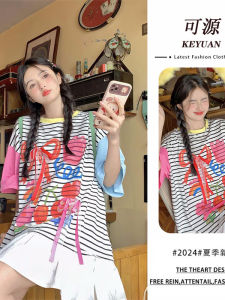 Váy Chữ a Màu Tương Phản Cỡ Lớn 30lbs Thiết Kế Thắt Nơ Hoa Họa Tiết Sọc Mùa Hè Váy T-shirt Rộng Rãi Cho Nữ