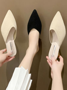 Womens Summer 2026 New Knitted Elastic Mule Slippers Fashion Pointed Toe mid Heel Retro Cover up Half Slippers Slip on Shoes