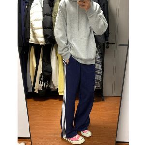 กางเกงกีฬาขายาวทรงตรงสีน้ำเงินอเมริกันสำหรับผู้หญิง ฤดูใบไม้ร่วง 2025 กางเกงขายาวทรงหลวมสไตล์ BF Lazy Three Bars