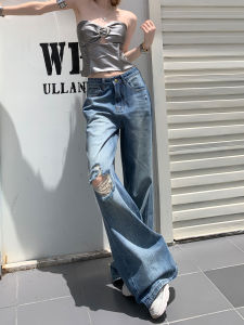 High Waist Wide Leg Jeans Womens Denim Blue Hole Punching Casual Loose Fit Floor Length American Style Slimming Jeans