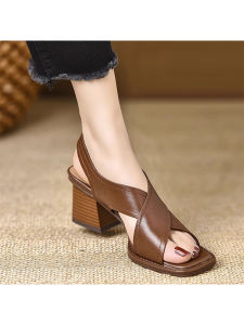 Comfortable Soft Leather Roman Sandals Womens High Heels Summer New Style Square Head Thick Heel Open Toe One-Strap Shoes