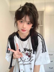 Pure Cotton Kitty Cat Short Sleeve T-Shirt Women Summer New American Loose Style Half Sleeve Top for Junior And Senior High School Students