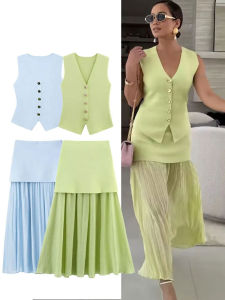 Elegant Knitted Patchwork Pleated Skirt Sets For Women V-neck Vest Top+Elastic Waist Solid Midi Skirt Woman Suits Outfits