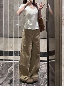 Quần Jeans Ống Rộng Cạp Cao Màu Kaki Cho Nữ Quần Dài Dài Đến Sàn Kiểu Dáng Thẳng Phong Cách Mỹ Cổ Điển Quần Jeans Thường Ngày