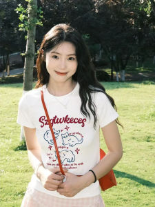 Slim Fit Short Sleeve T-Shirt Womens Summer Cotton Sweat Absorbing round Neck Print Top Korean Style Commute Fashion