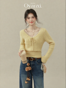 OUYANGXI | Áo Sweater Len Vàng Cho Phụ Nữ Mùa Thu & Đông
