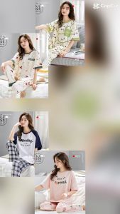 พร้อมส่งชุดนอนมีบราแขนสั้นขายาวมีบราฟองน้ำในตัว ผ้าฝ้ายแท้นุ่มใส่สบายระบายอากาศได้ดี