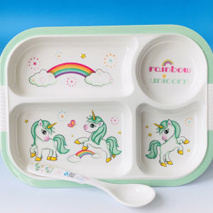 เครื่องใช้บนโต๊ะอาหารสำหรับเด็ก5-12จานแบ่งช่องจานใส่อาหารแบบสองหูสำหรับลูกน้อยอุปกรณ์เสริมสำหรับทานข้าวถ้วยดื่มน้ำลายการ์ตูนยูนิคอร์นสำหรับเด็กทารก