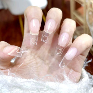 PINPAI 504pcs Long Coffin Hollow Out Heart French Fake Nails Clear Full Cover Artificial False Nail Art Tips Capsule for Extension