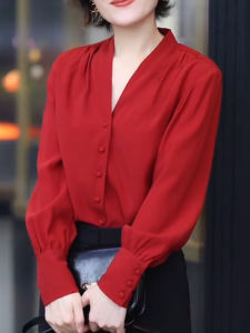 SUOXIMENG | Red Large Size Long Sleeve V-Neck Button-Up Shirt Womens Style Retro Slimming Commuting Early Autumn New Arrival Fashionable