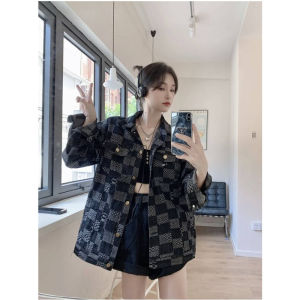 เสื้อแจ็คเก็ตยีนส์ลายสก็อตสีดำสไตล์เกาหลีสำหรับผู้หญิง ทรงหลวม แขนยาว ปกโปโล กระดุมเดียว ทรงหลวม ผ้าฝ้าย 100%