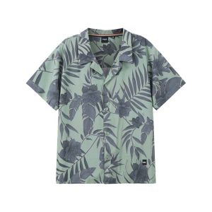 Hugo Boss Mens Casual Short Sleeve Shirt Summer Beachwear Silver 300095 Youth Fashion Collar Button-Up Floral Print