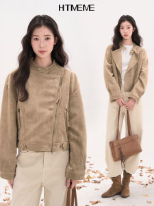HTMEME | Áo Khoác Da Nhung Thời Trang Có Zipper Cổ Đứng Cho Nữ