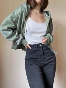 Homemade Fleece-lined Ins American Retro Street Shooting Kardashian Long Sleeves Cropped Hoodie Slim Looking Pure Color Outwear Cool