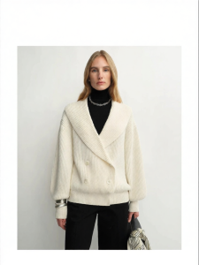 Merino Wool Big Lapel Double Breasted Knit Cardigan Bell Sleeve