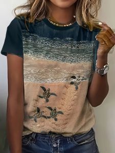 Navy Beach Womens Tee - Baby Turtles & Ocean Waves Graphic Coastal Print Design for Casual Daily Wear
