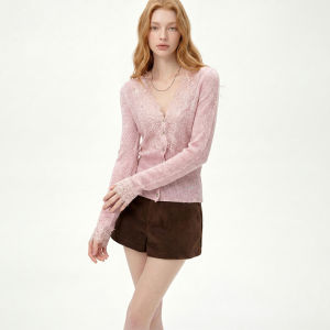 Slimming Fitted Lace V-Neck Knitted Sweater Long Sleeves