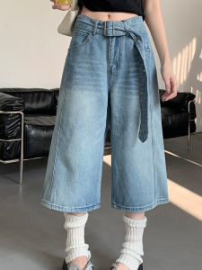 กางเกงยีนส์ขากว้างเอวสูงสีฟ้าอ่อนสไตล์ย้อนยุค กางเกงขายาวทรงตรงหลวมๆ สำหรับผู้หญิง ฤดูร้อน 2025 กางเกงขายาวทรงตรง