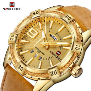 NAVIFORCE Đồng Hồ Cổ Điển Cho Nam Đồng Hồ Đeo Tay Thể Thao Thường Ngày Thời Trang Dây Da Chống Nước Hiển Thị Lịch Kép Với Đồng Hồ Vàng Dạ Quang NF9117L