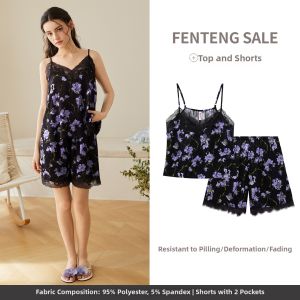 FENTENG | Summer Ice Silk Lace Womens Camisole Shorts Pajama Set
