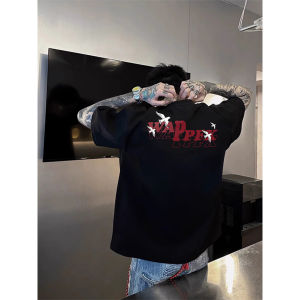 Black American Letter Trendy Brand Short Sleeve T-Shirt Men Summer New Loose Design Sense Top Modern Style Cotton Pure