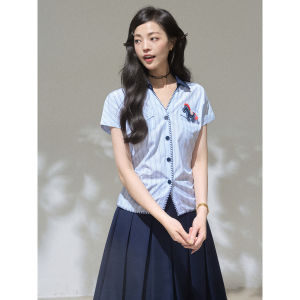 KEIKO | Áo Thun Ngắn Tay In Sọc Xanh Phong Cách Hàn Quốc