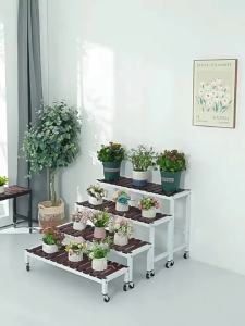 Moveable Wheeled Living Room Wooden and Iron Staged Flower Stand